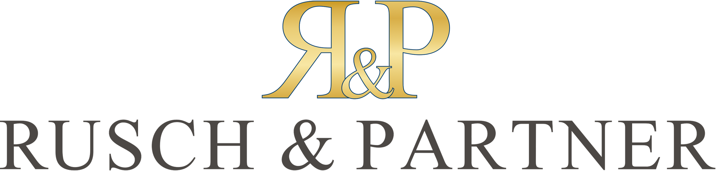 Logotipo de Rusch & Partner con letras grandes en dorado y negro.