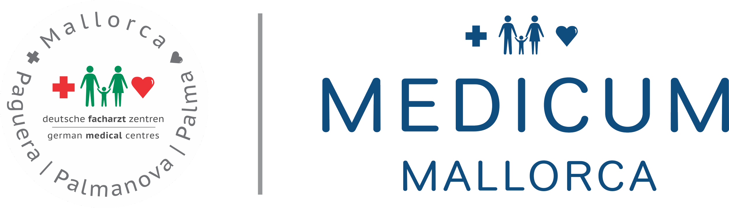 Logotipo de centros médicos en Mallorca con íconos de personas, corazón y cruz médica, y texto en alemán y español relacionados con medicina en Mallorca.