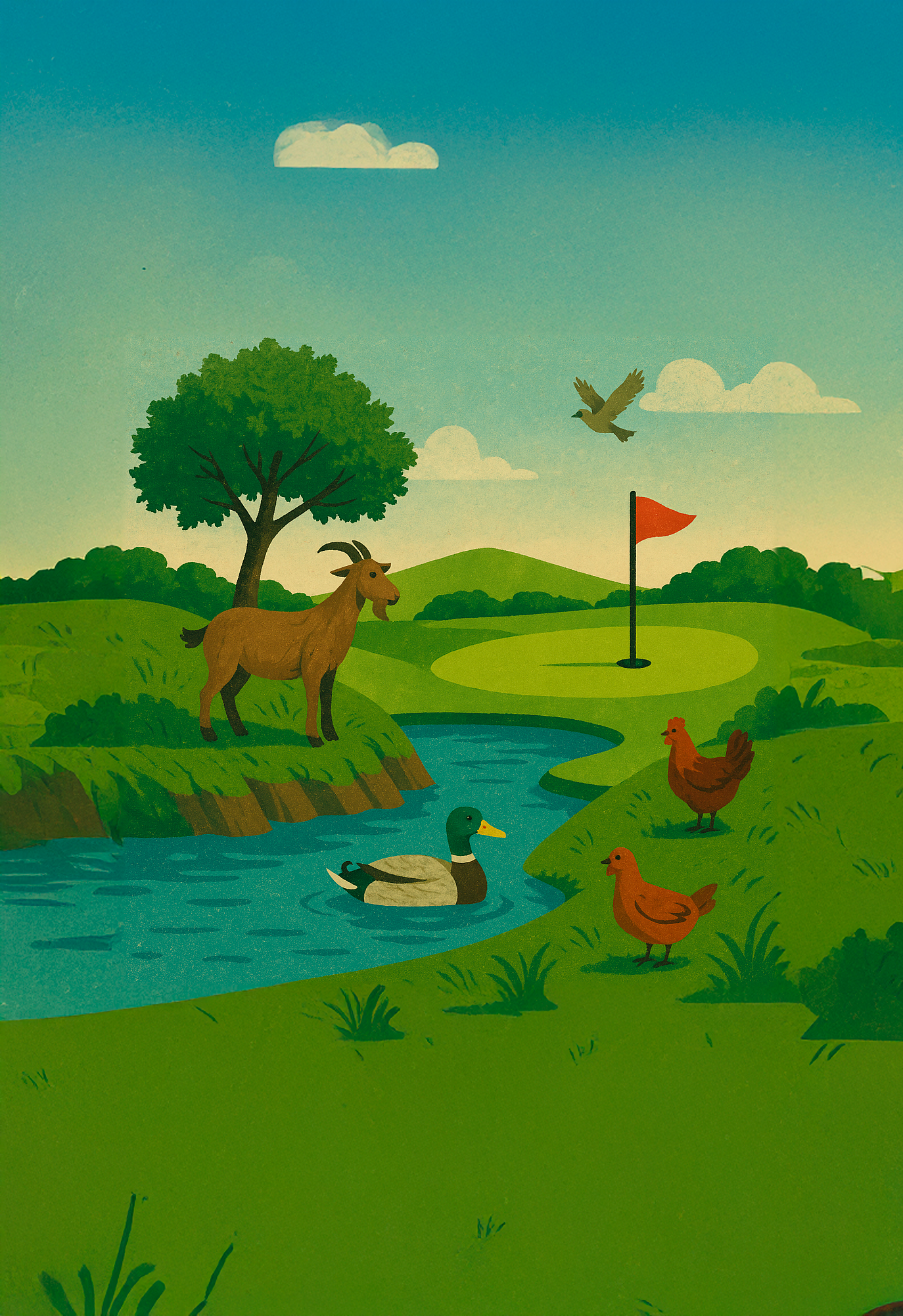 Ilustración de un paisaje campestre con un árbol, aves, un pato en un río, un conejo, un gallo, y una bandera en un campo verde con colinas y nubes en el cielo.