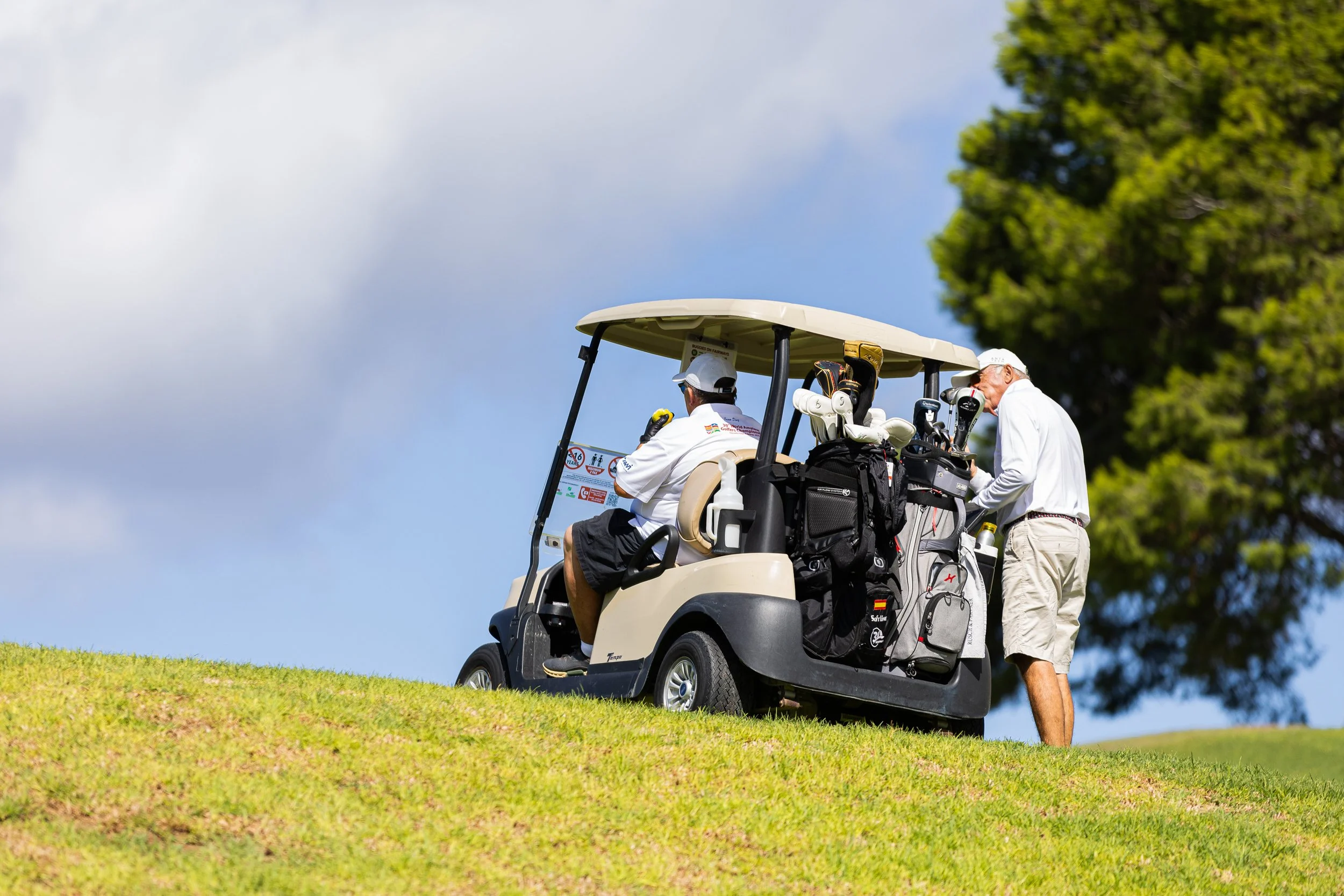Dos hombres en un campo de golf, uno sentado en un carrito de golf y otro ajustando su equipo, con un árbol grande y un cielo azul con nubes en el fondo.