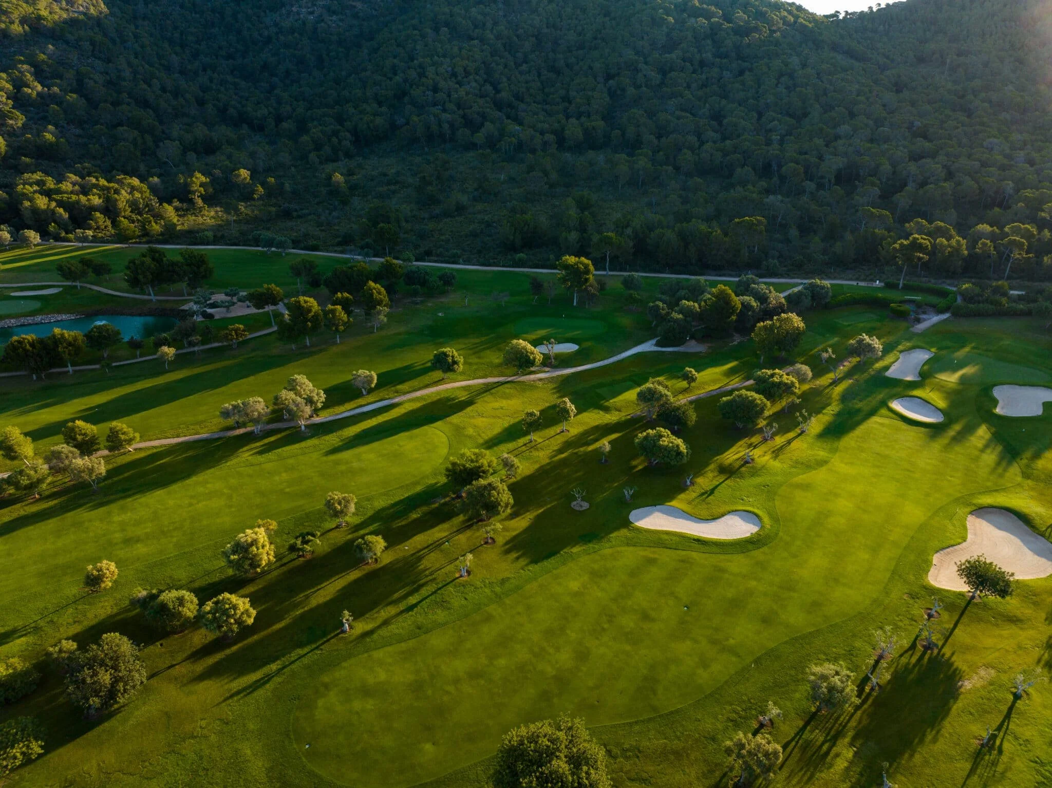 Vista aérea de un campo de golf con áreas de césped, búnkeres de arena y árboles dispersos, rodeado de colinas y vegetación.