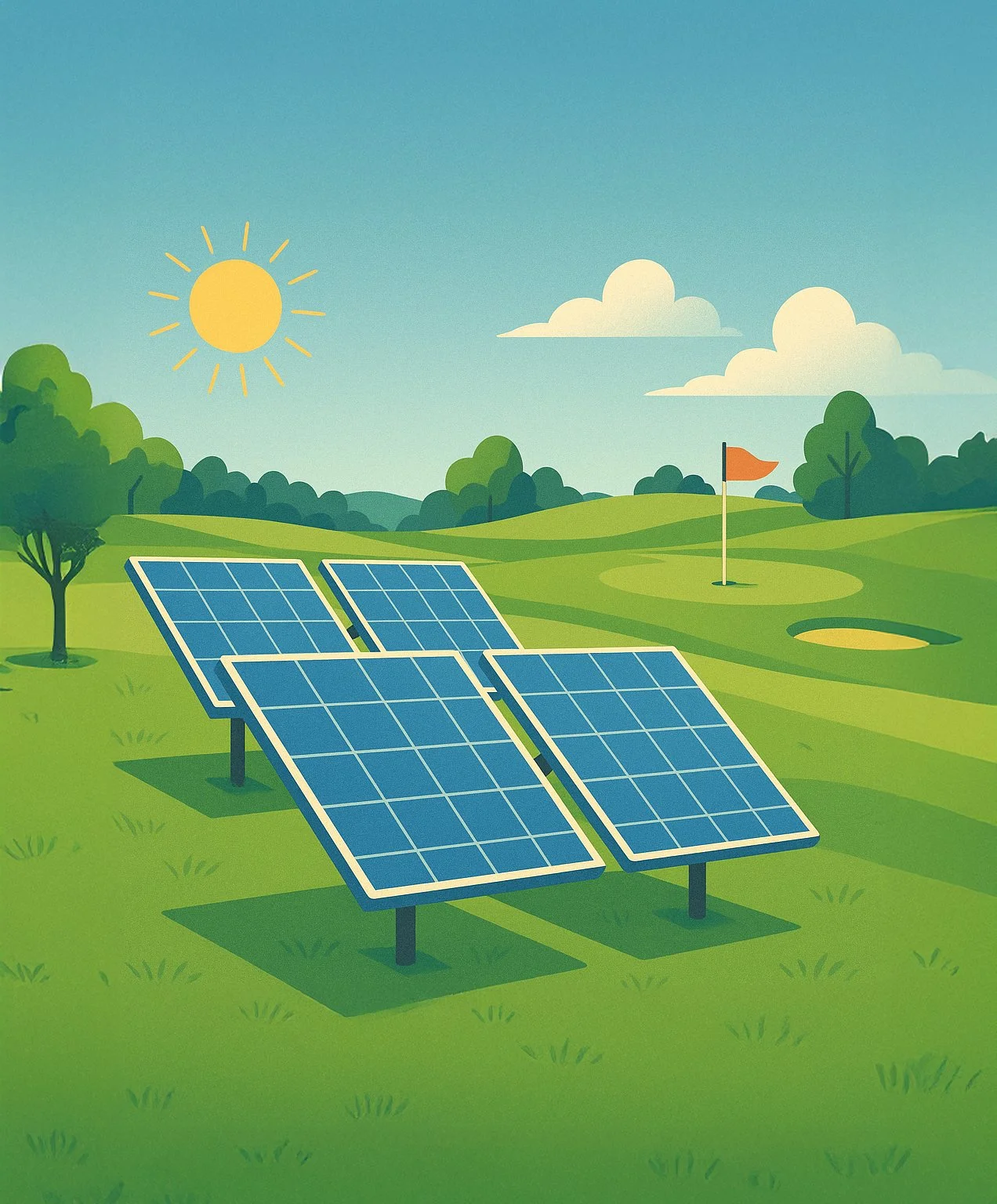 Paneles solares en un campo de golf bajo el sol y con nubes en el cielo.