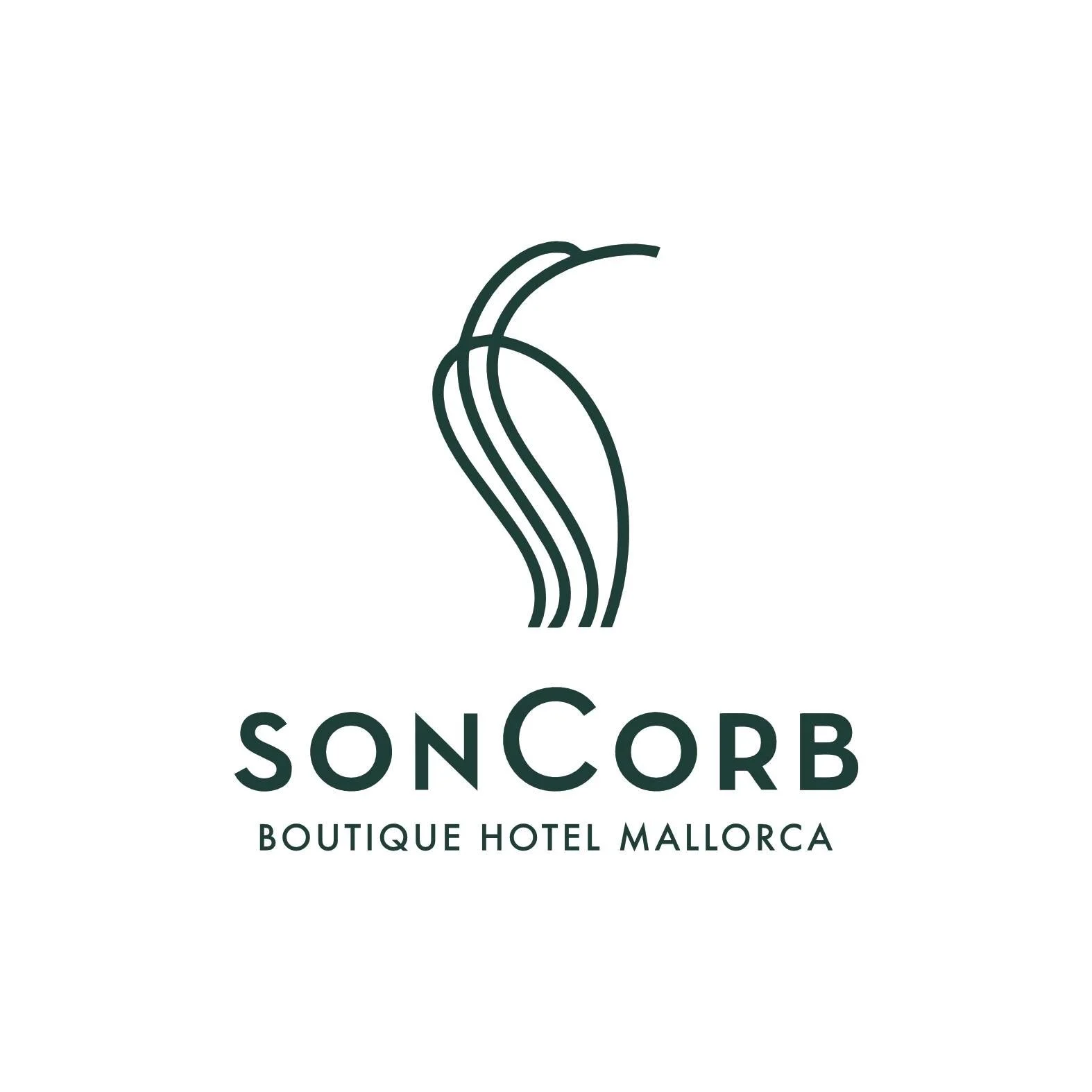 Logotipo del hotel boutique SonCorb, con un diseño simple y elegante de líneas que forman la letra C y una hoja, en colores oscuros, acompañado del texto 'SONCORB BOUTIQUE HOTEL MALLORCA' en letras negras.