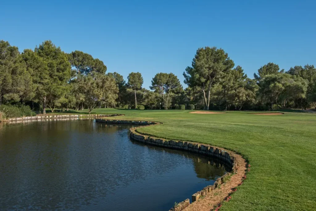 Escena de un campo de golf con césped bien cuidado, árboles y un pequeño lago con borde de madera, bajo un cielo despejado.