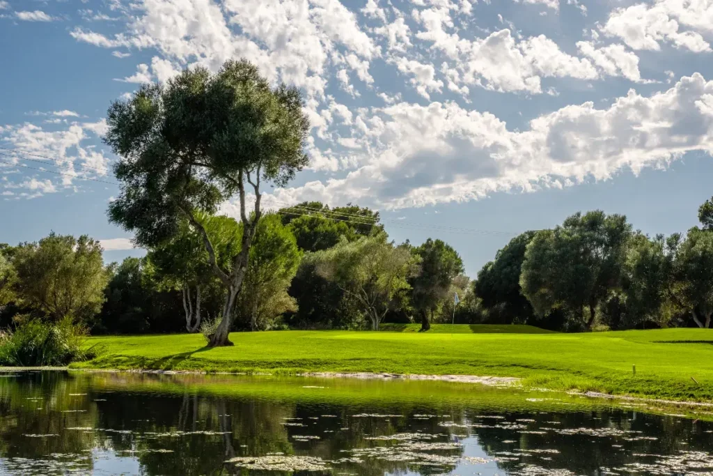 Vista de un campo de golf con árboles y un lago en primer plano, cielo con nubes.