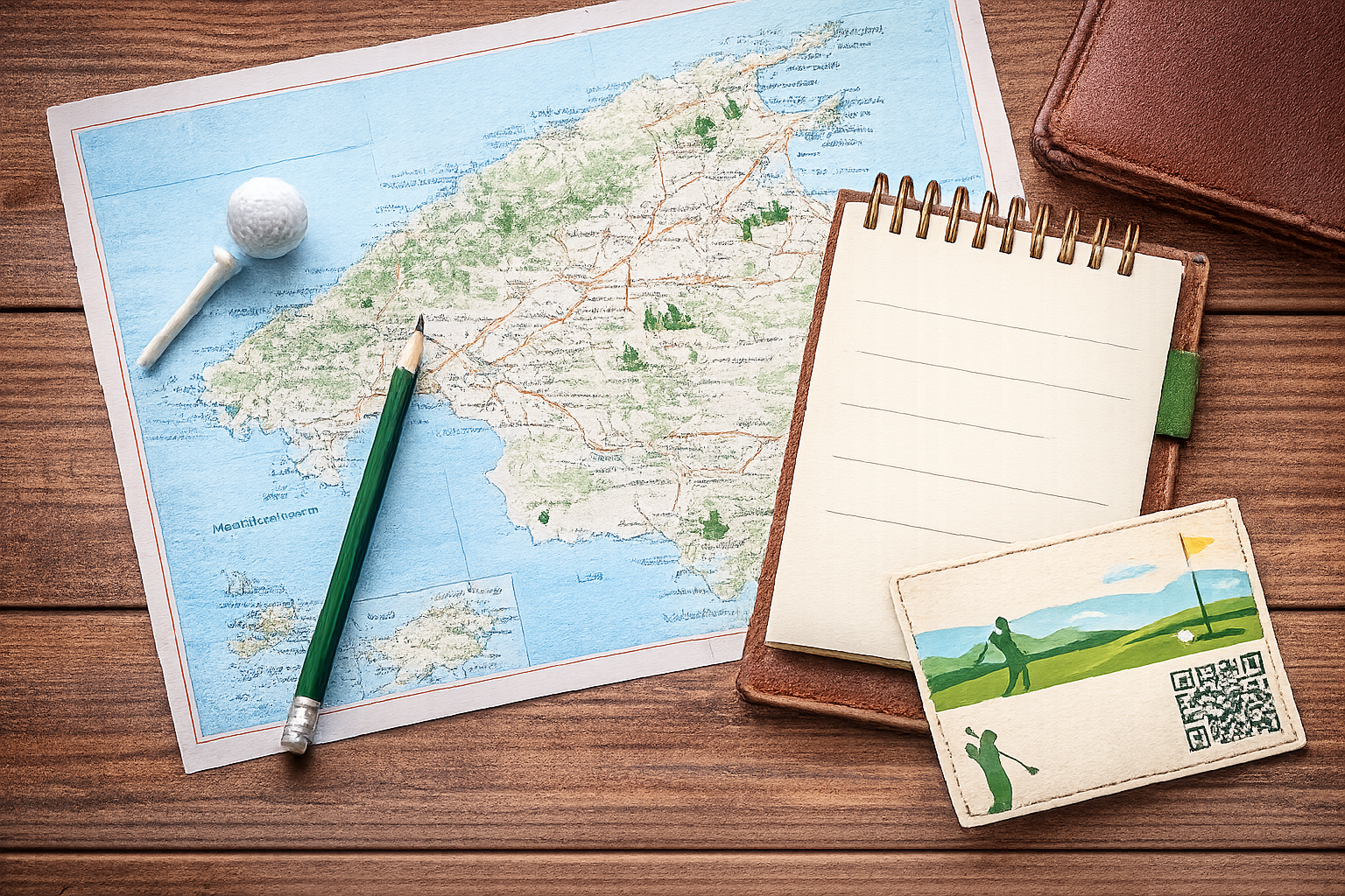Mapa de una isla, un bolígrafo, una pelota de golf, un cuaderno y una tarjeta con ilustración de un golfista, un camino y un hoyo con bandera, todo sobre una mesa de madera.