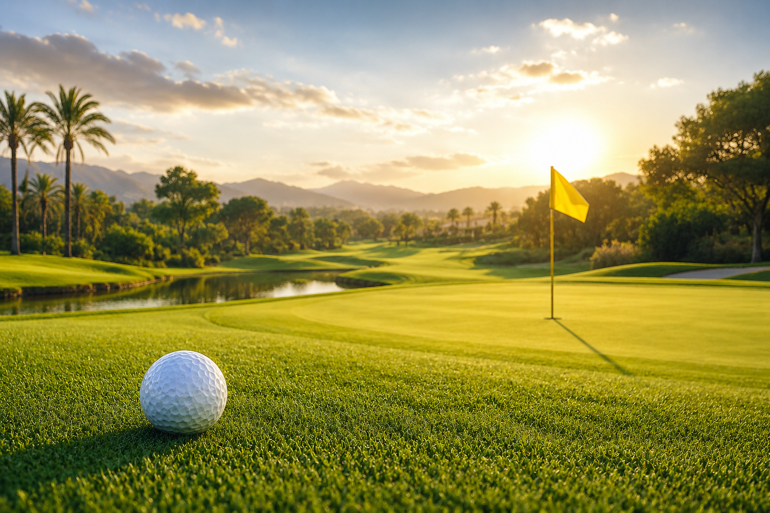 Pelota de golf en el césped de un campo de golf al atardecer, cerca de la bandera en el hoyo, con árboles y montañas de fondo.