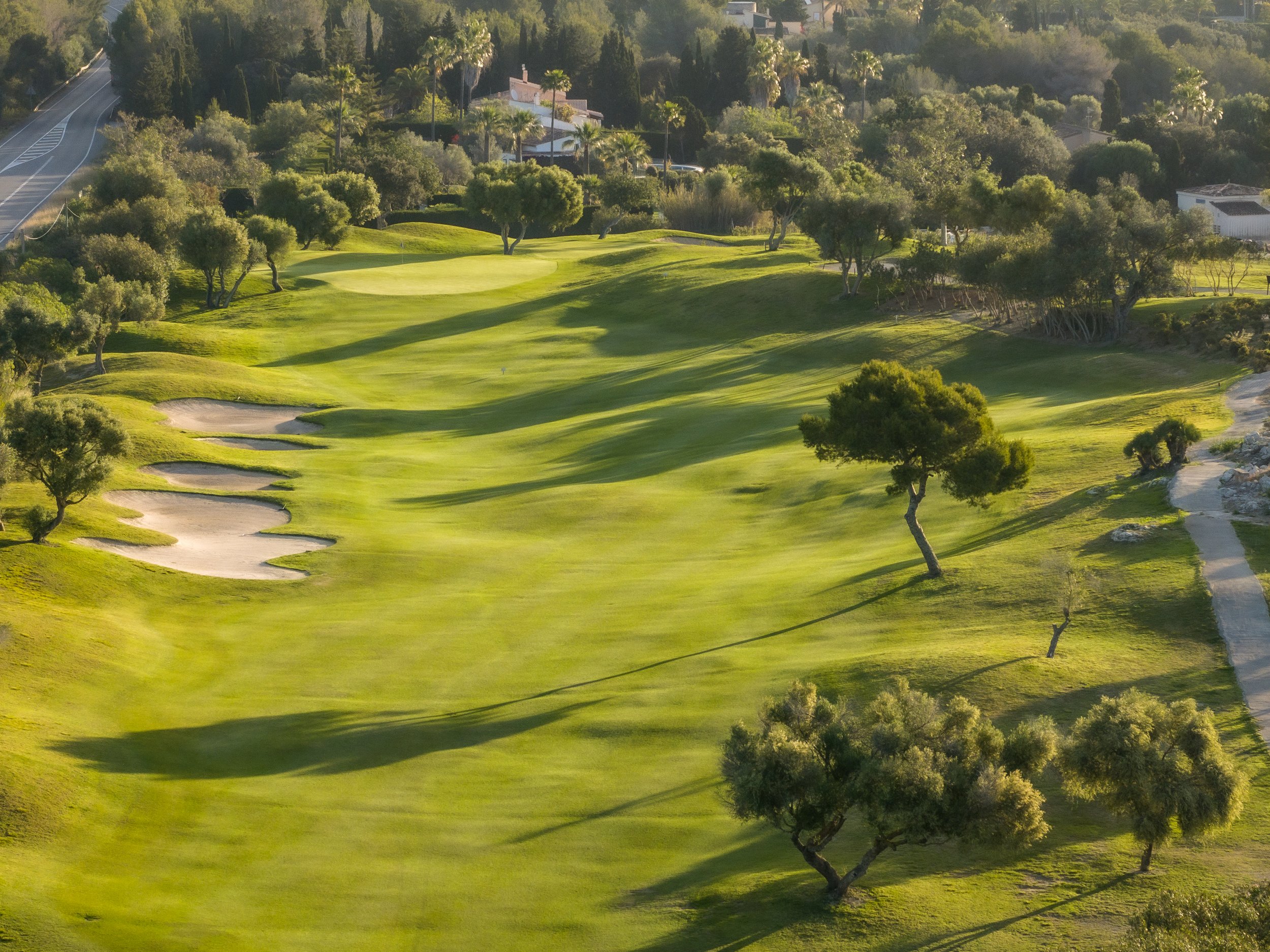 Campo de golf con césped verde, árboles dispersos y arena, con calles y casas en el fondo, iluminado por luz natural.