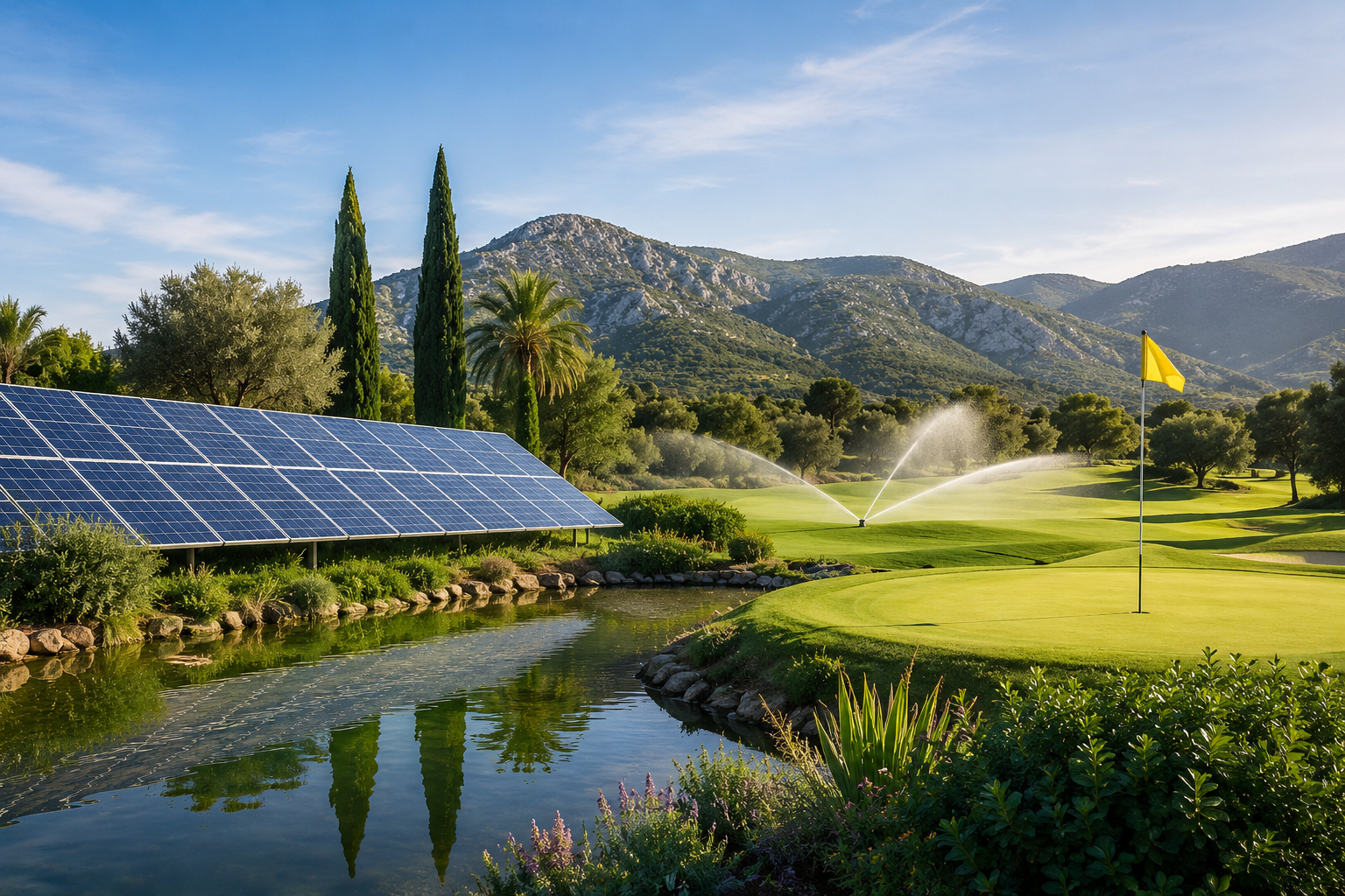Campo de golf con fuente y paneles solares, rodeado de árboles y montañas en el fondo.