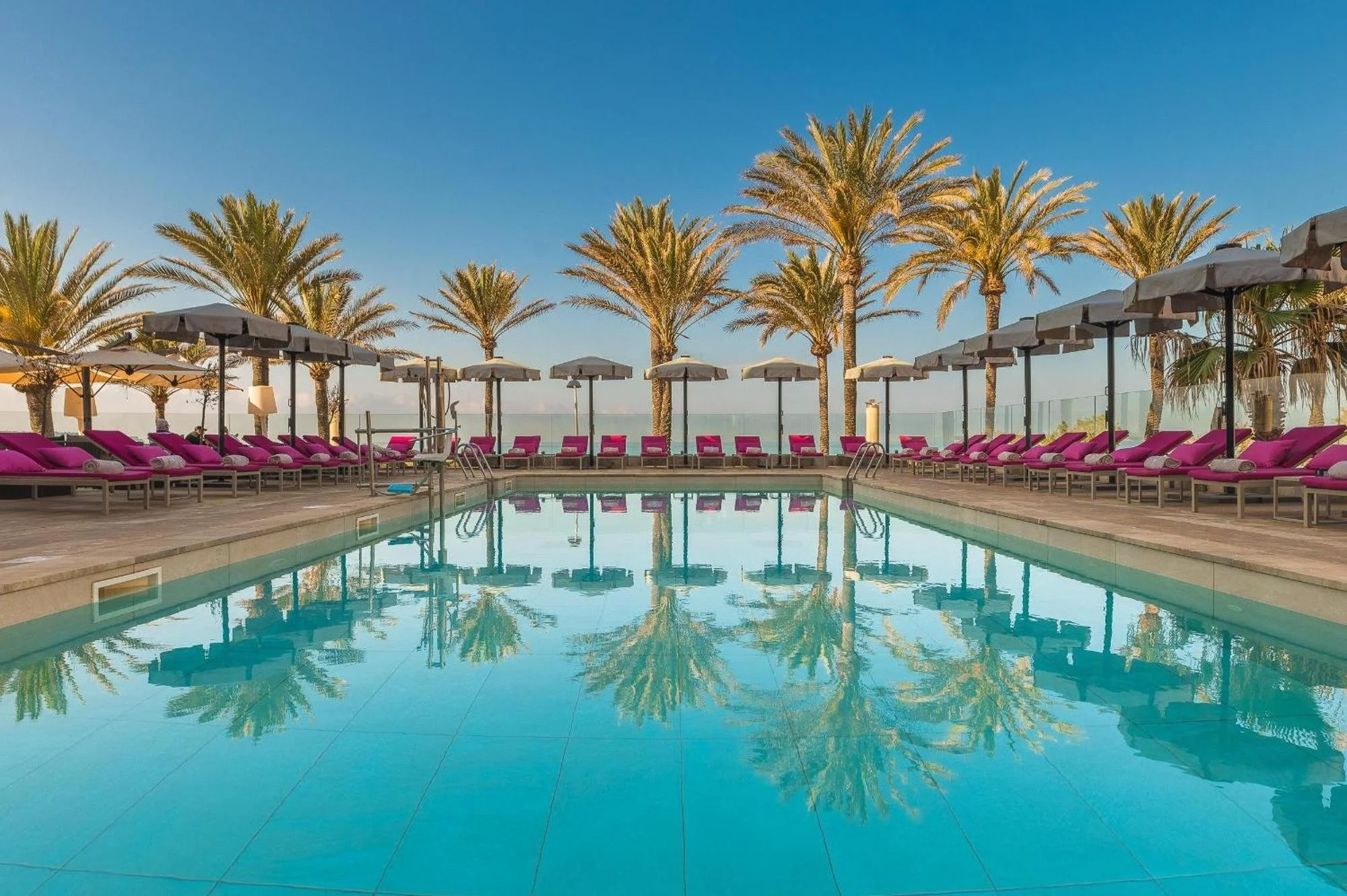 Piscina en un área de descanso con palmeras, tumbonas con cojines rosas, sombrillas y vista al mar o lago bajo un cielo despejado.