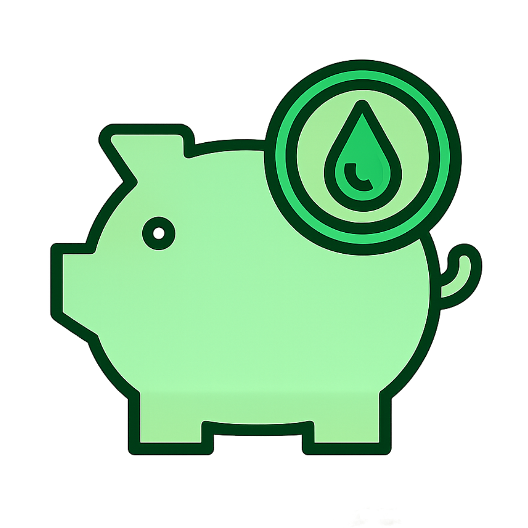Icono de una alcancía con símbolo de gota de agua, representando ahorro de agua.