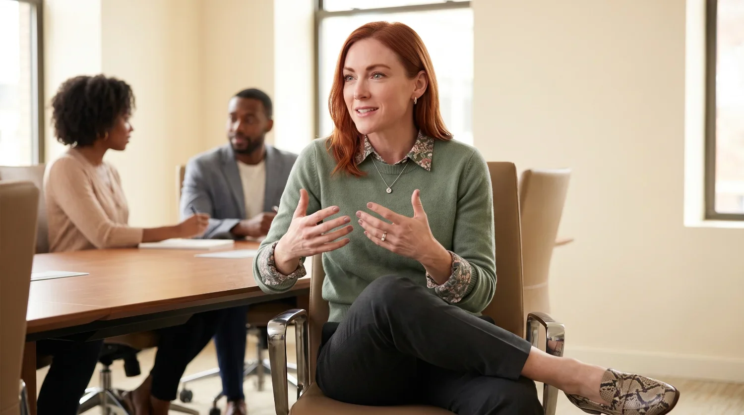 Jess life style medicine operational strategist room red hair, wearing a green sweater and patterned shoes, is sitting and speaking in a meeting room with two other people in the background.