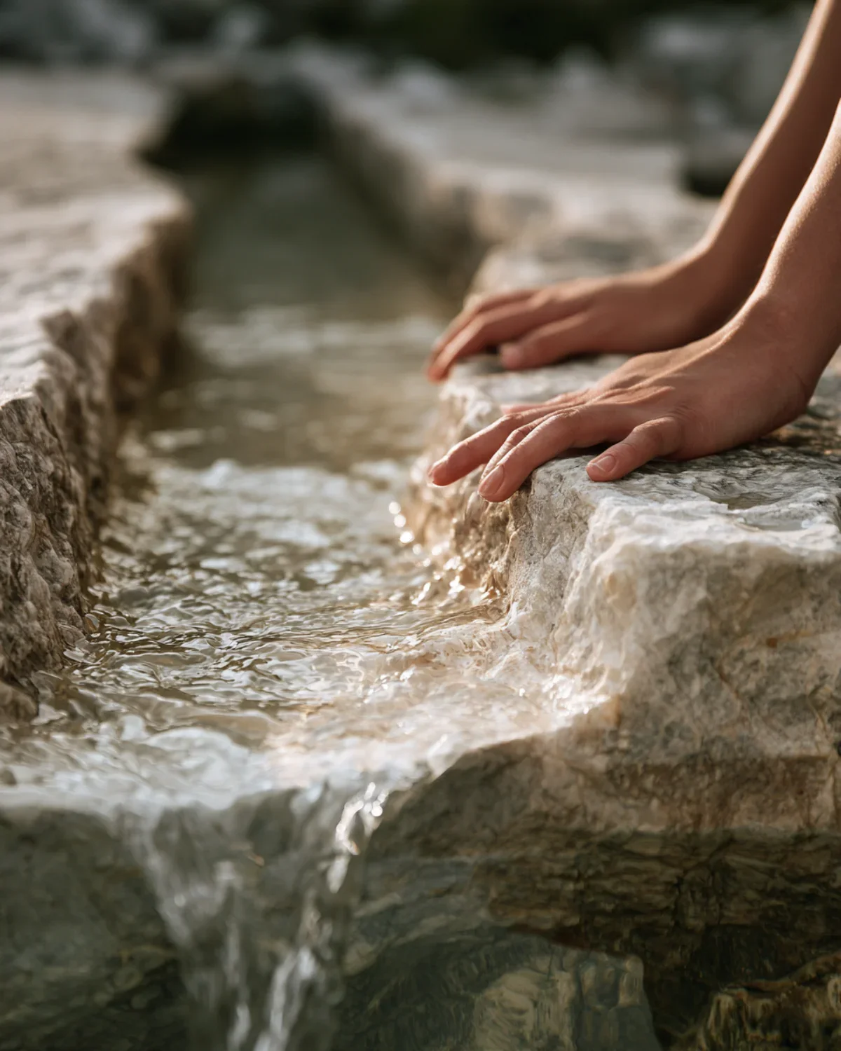 Hands resting on the edge of a stone water fountain with water flowing over the surface.
