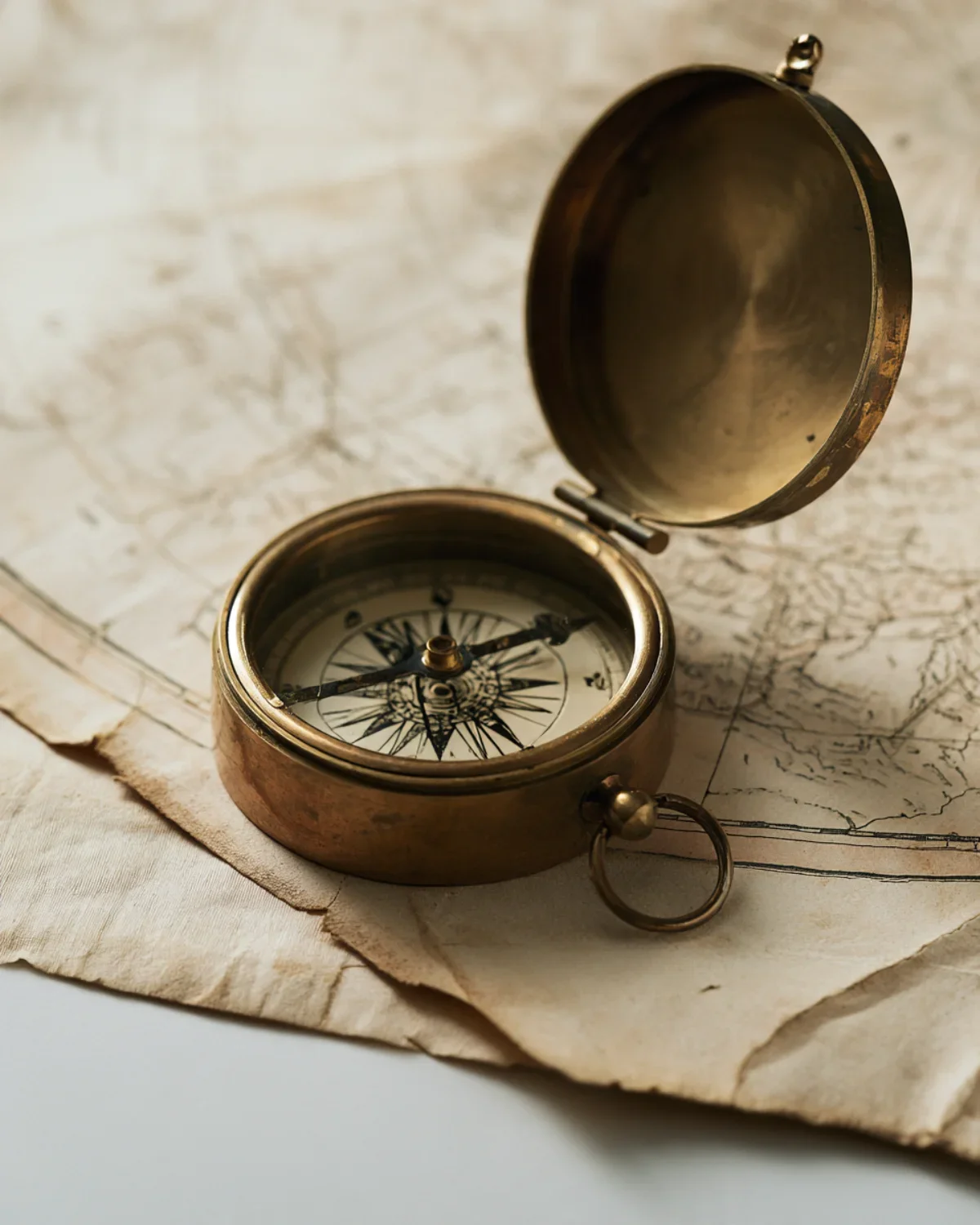 An antique brass compass with an open lid, resting on old, torn paper or map.