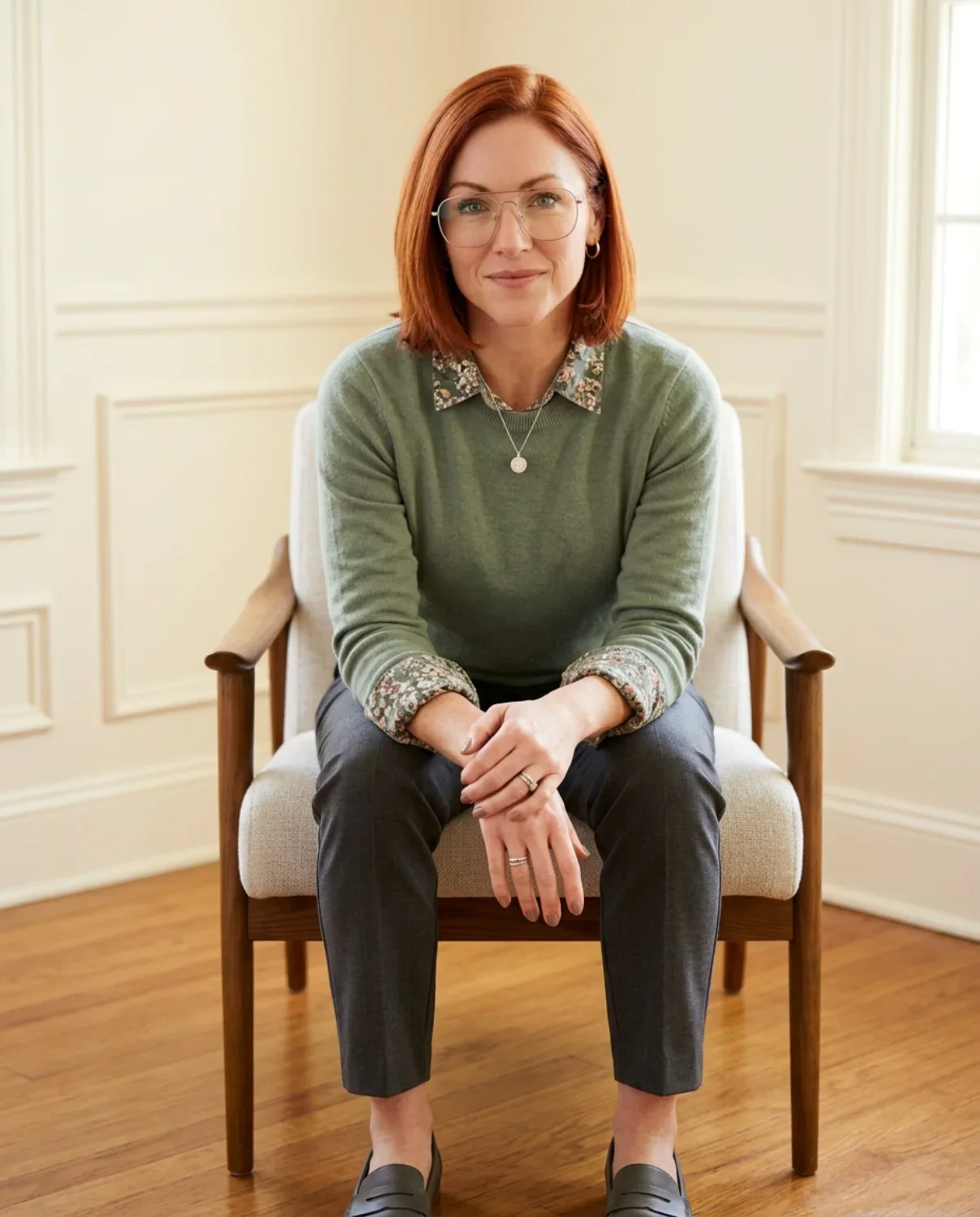 A woman with red hair, glasses, and earrings sitting in a wooden chair with a beige cushion in a well-lit room with cream-colored walls and wooden floors. She is wearing a green sweater with floral cuffs, dark trousers, and black shoes, and is looking at the camera with a slight smile.