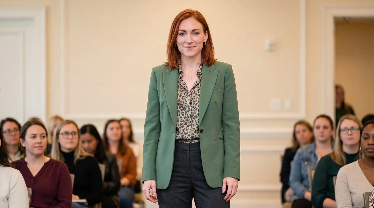 A woman in a green blazer and leopard print blouse standing in front of an audience of mostly women in a conference room.