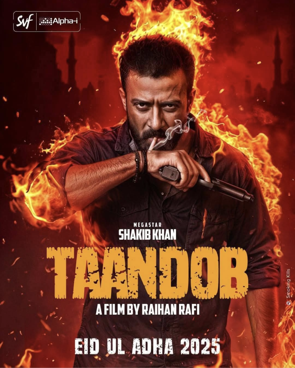 Poster for the movie "Tandob", featuring actor Shakib Khan holding a gun and surrounded by flames, with a city skyline in the background, promoting Eid Ul Agha 2025.