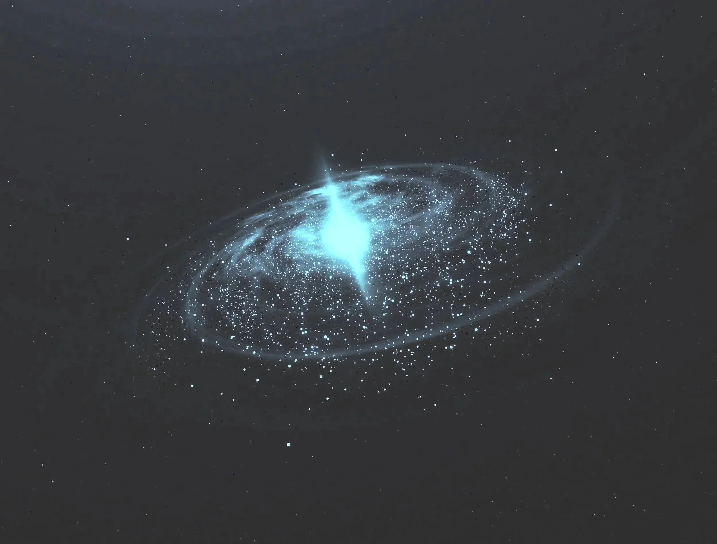 A bright blue and white galaxy or nebula with stars scattered across a dark space background.