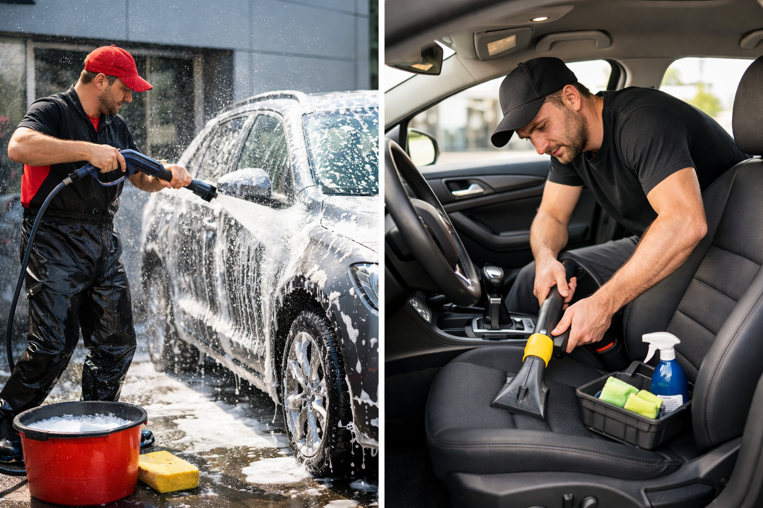Gauche : homme nettoyant une voiture avec un nettoyeur haute pression, à l'extérieur, portant un bonnet rouge. Droite : homme nettoyant l'intérieur d'une voiture avec un petit aspirateur, à l'intérieur, portant une casquette noire.