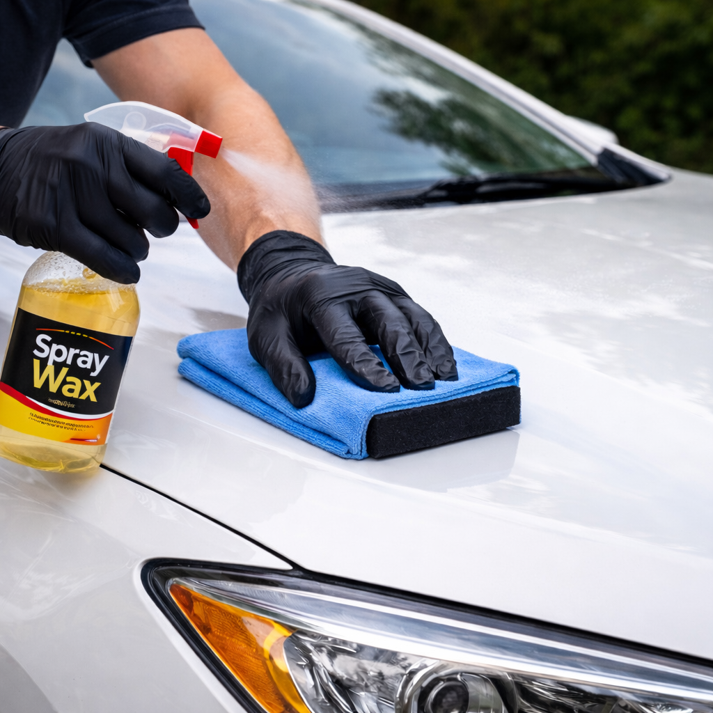 Une personne portant des gants noirs nettoie la carrosserie d'une voiture blanche avec un liquide de nettoyage spray et un chiffon.