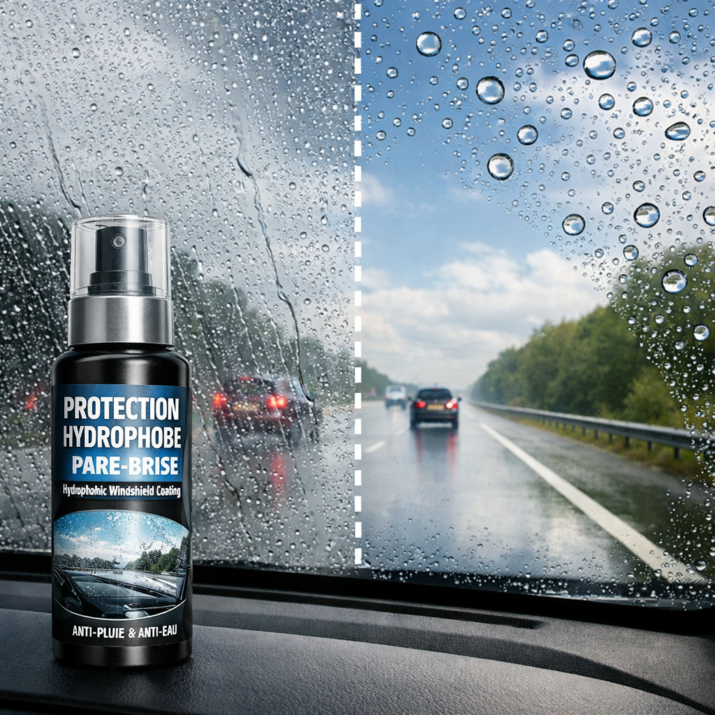 Image d'un flacon de spray de protection hydrophobe avec un fond montrant une vitre de voiture sales avec de l'eau et des gouttes d'eau sur la vitre, en comparaison avec une vitre propre et claire devant une route pluvieuse. La vitre de la voiture est sale d'un côté et propre de l'autre, illustrant l'effet du produit.