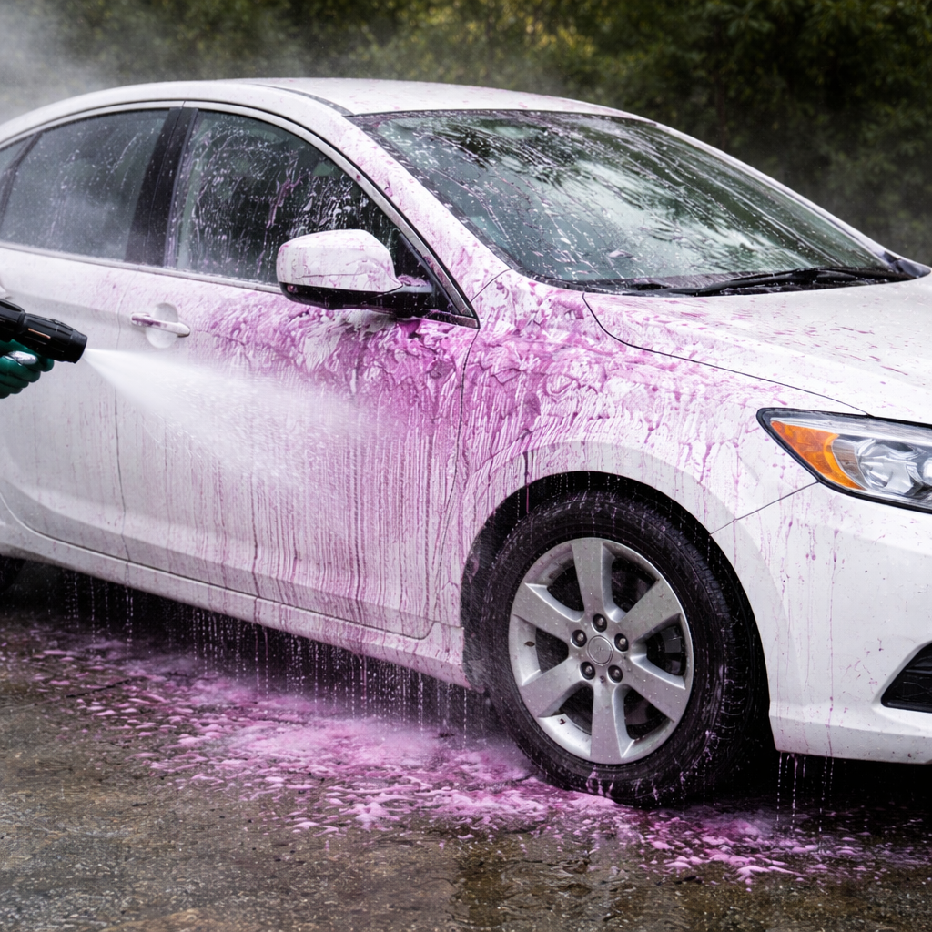 Une voiture blanche en cours de lavage à la mousse rose, avec de l'eau et de la mousse coulant sur les côtés.