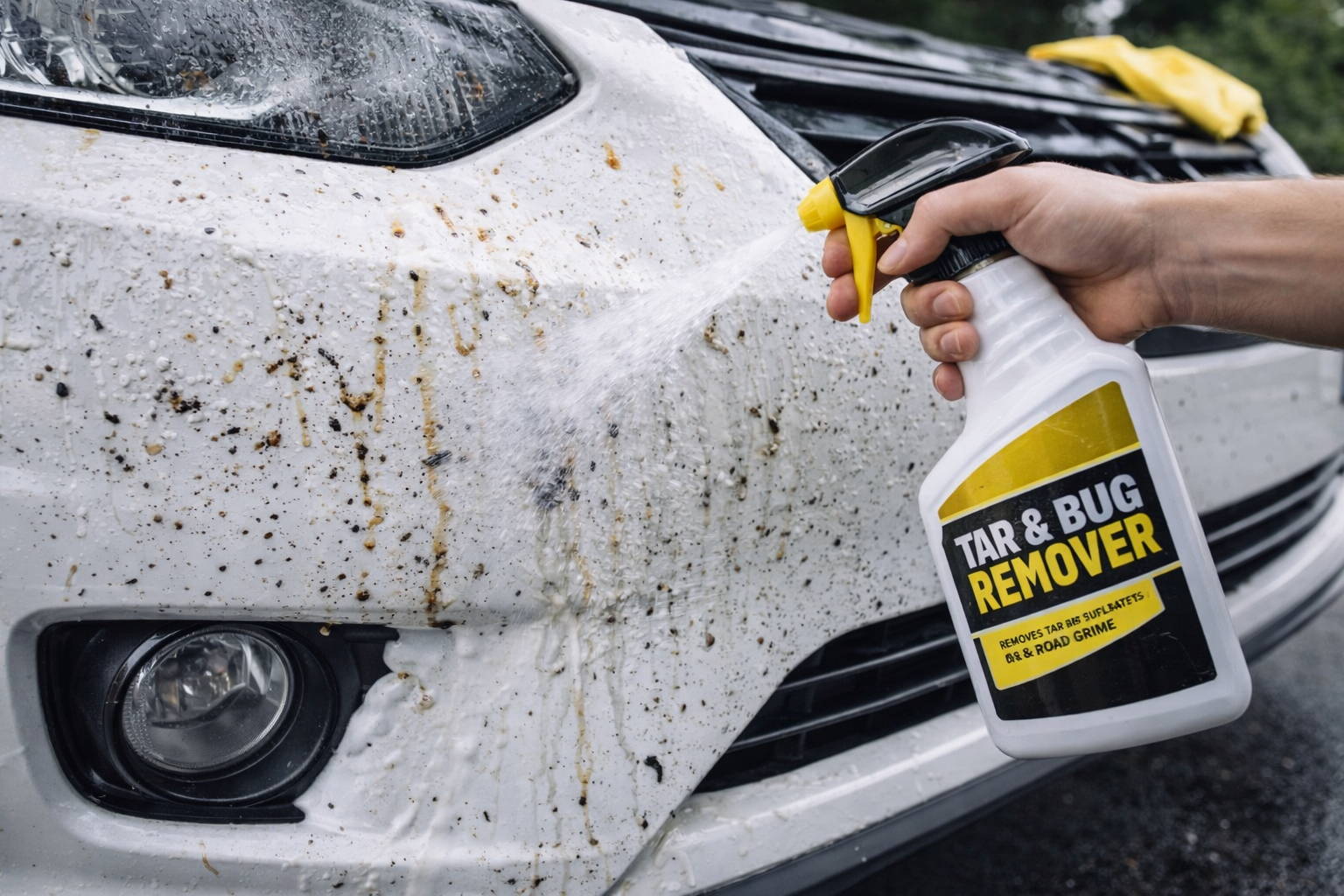 Une personne pulvérise un produit de nettoyage sur une voiture sale, avec des éclaboussures de boue et de saleté sur la carrosserie, pour enlever la saleté.