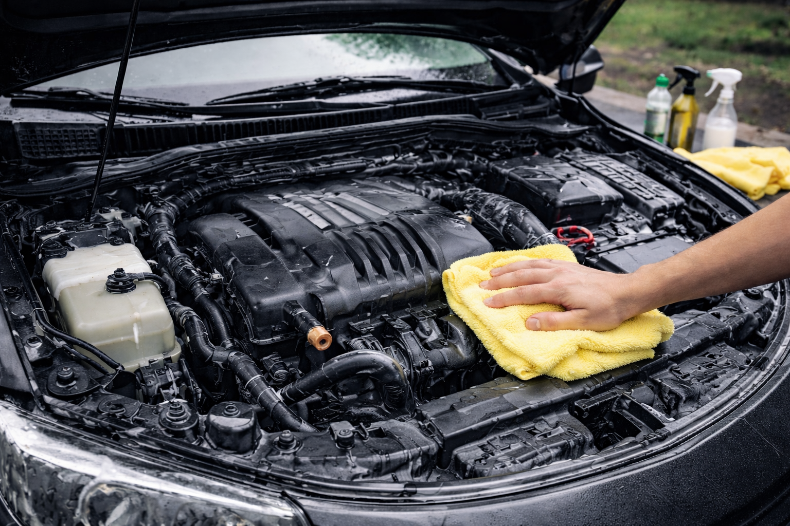 Une personne nettoyant le moteur d'une voiture avec une chiffon jaune, plusieurs produits de nettoyage à l'arrière, le capot de la voiture est ouvert.