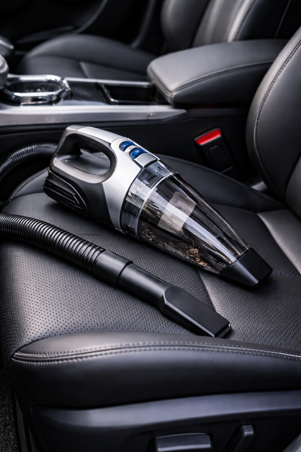 A vacuum cleaner placé sur le siège en cuir d'une voiture.