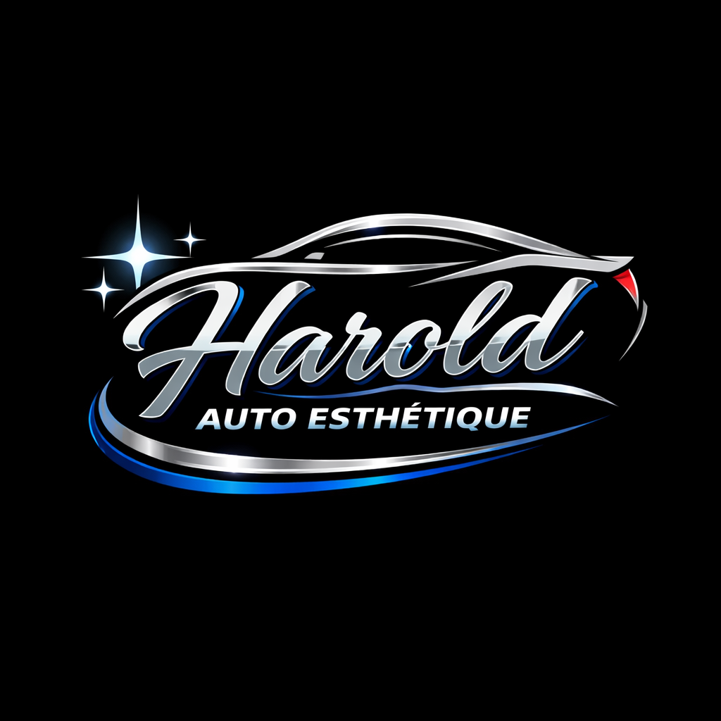 Logo d'Harold Auto Esthétique avec une silhouette de voiture stylisée et des étoiles brillantes sur un fond noir.
