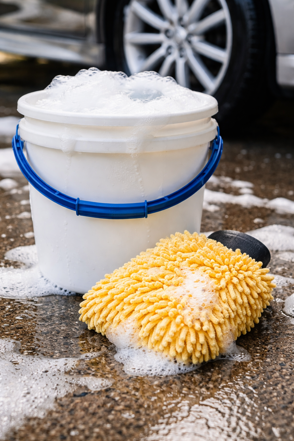 Seau de savon mousse avec une éponge de lavage jaune posé sur le sol mouillé, près d'une voiture en partie visible en arrière-plan.