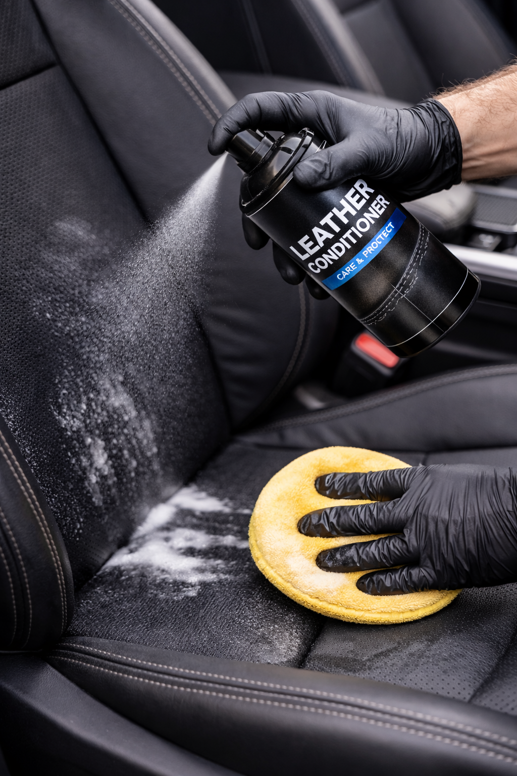Une personne portant des gants noirs nettoie l'intérieur d'une voiture en utilisant un spray de conditionneur pour cuir et une éponge jaune.
