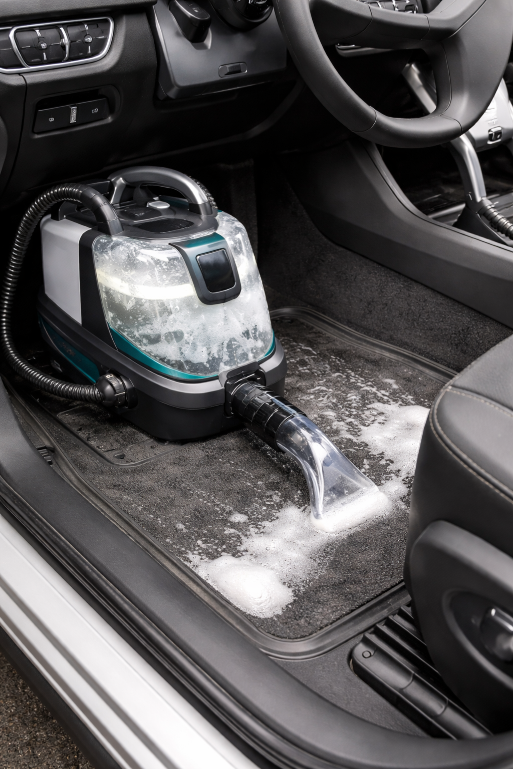 Un nettoyage de voiture à l'intérieur avec un aspirateur en marche, produisant de la mousse sur le sol en tapis de voiture.