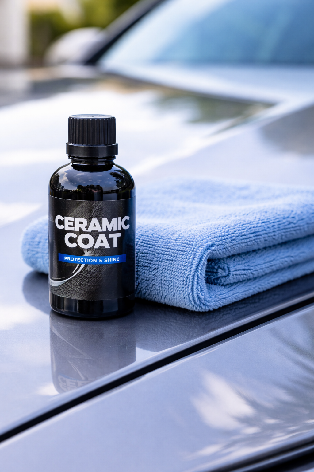 Une bouteille de cire pour carrosserie avec étiquette 'CERAMIC COAT' et un chiffon en microfibre bleu clair pour appliquer le produit, posés sur la surface d'une voiture laquée.