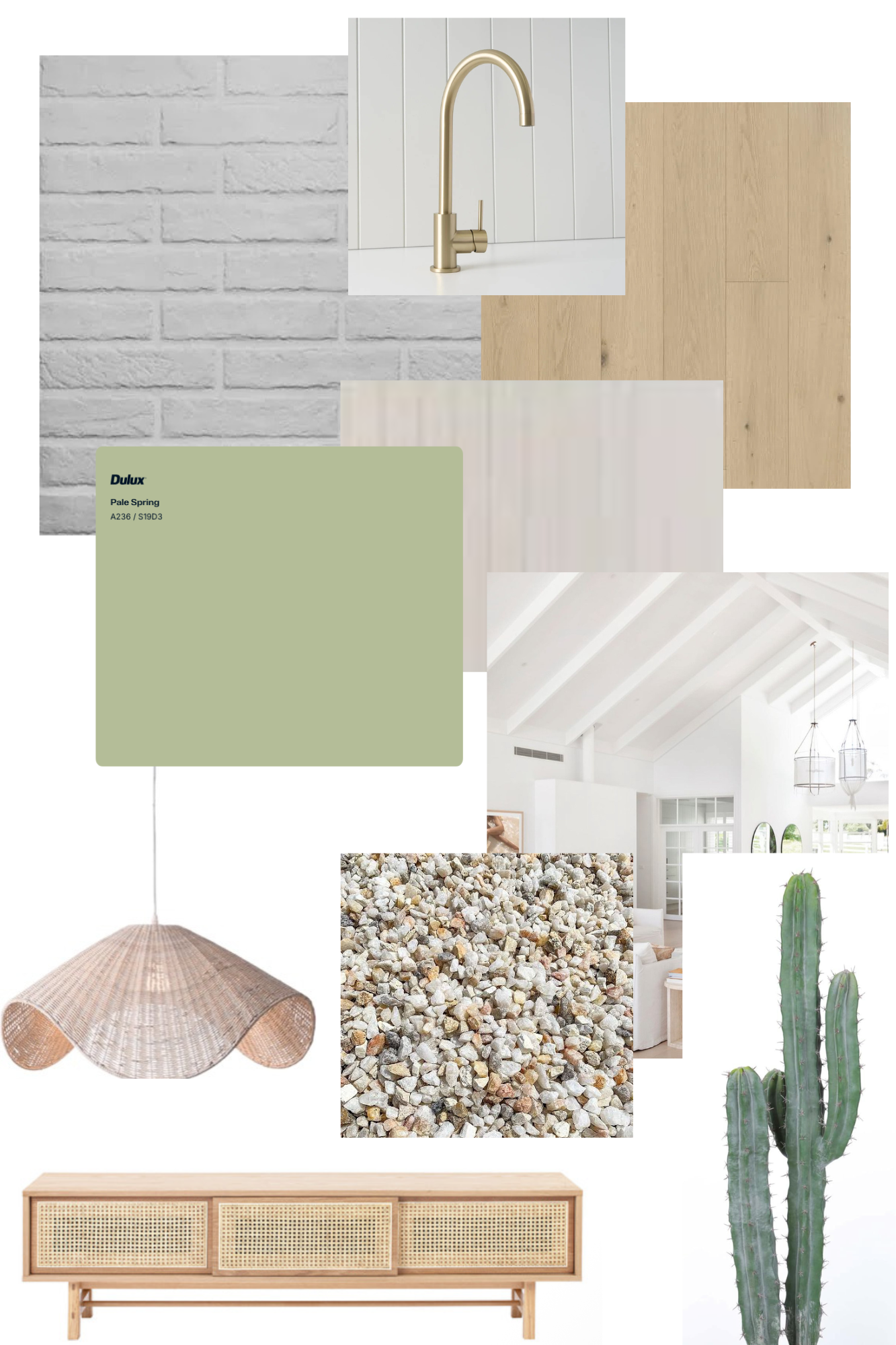 Collage of interior design elements including a white brick wall, a brass kitchen faucet, wood flooring, and a living room with white vaulted ceiling and hanging lights. Also features a light green paint swatch, a woven pendant lamp, gravel, a wooden