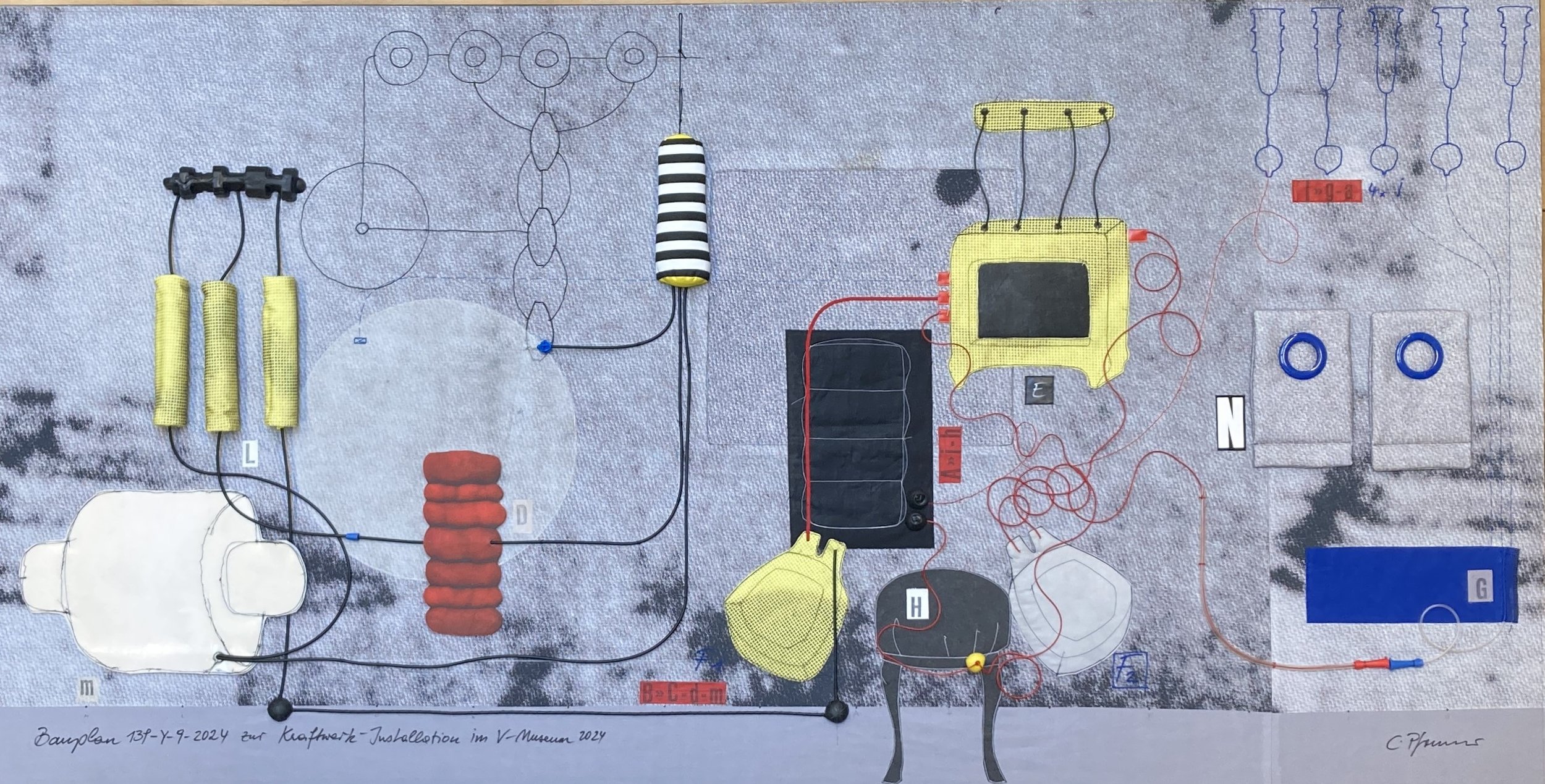 Zeichnung eines technischen Schaltplans mit verschiedenen Komponenten, einschließlich Kabeln, Widerständen, einem Ladegerät, einer digitaluhr, und unterschiedlichen Verbindungselementen, auf Papier mit handschriftlichen Notizen.