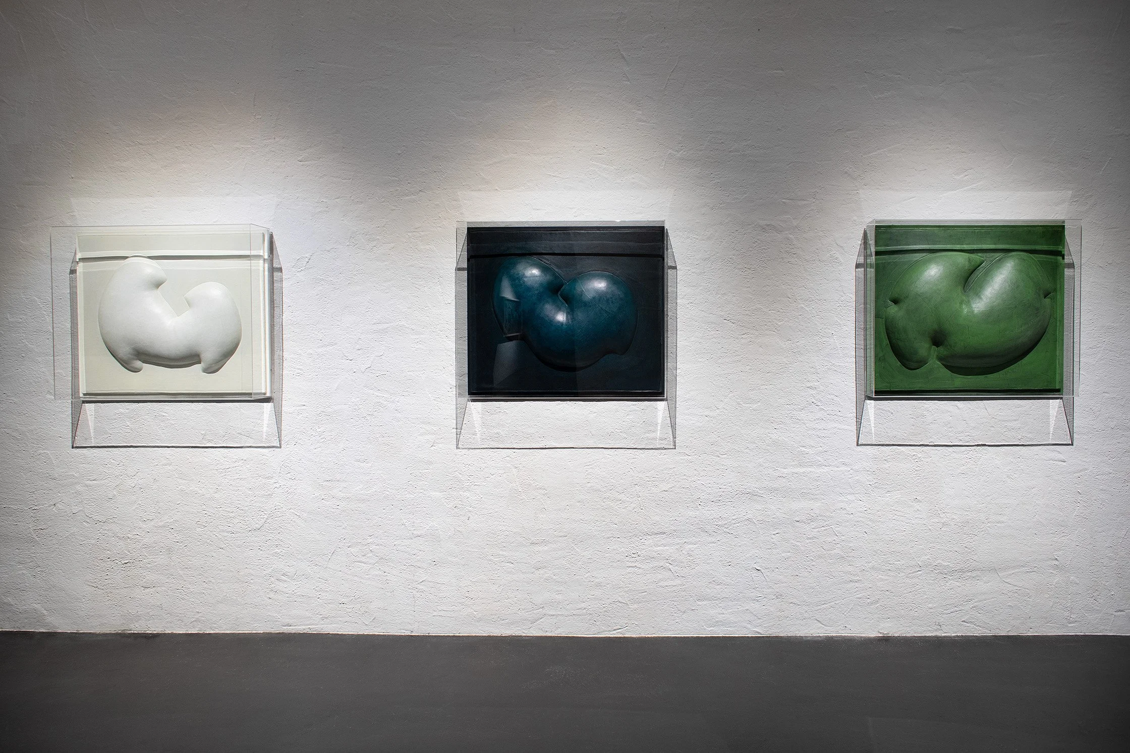 Drei moderne Skulpturen in Glaskästen an einer weißen Wand, die jeweils eine abstrakte, organische Form in Weiß, Dunkelblau und Grün zeigen.