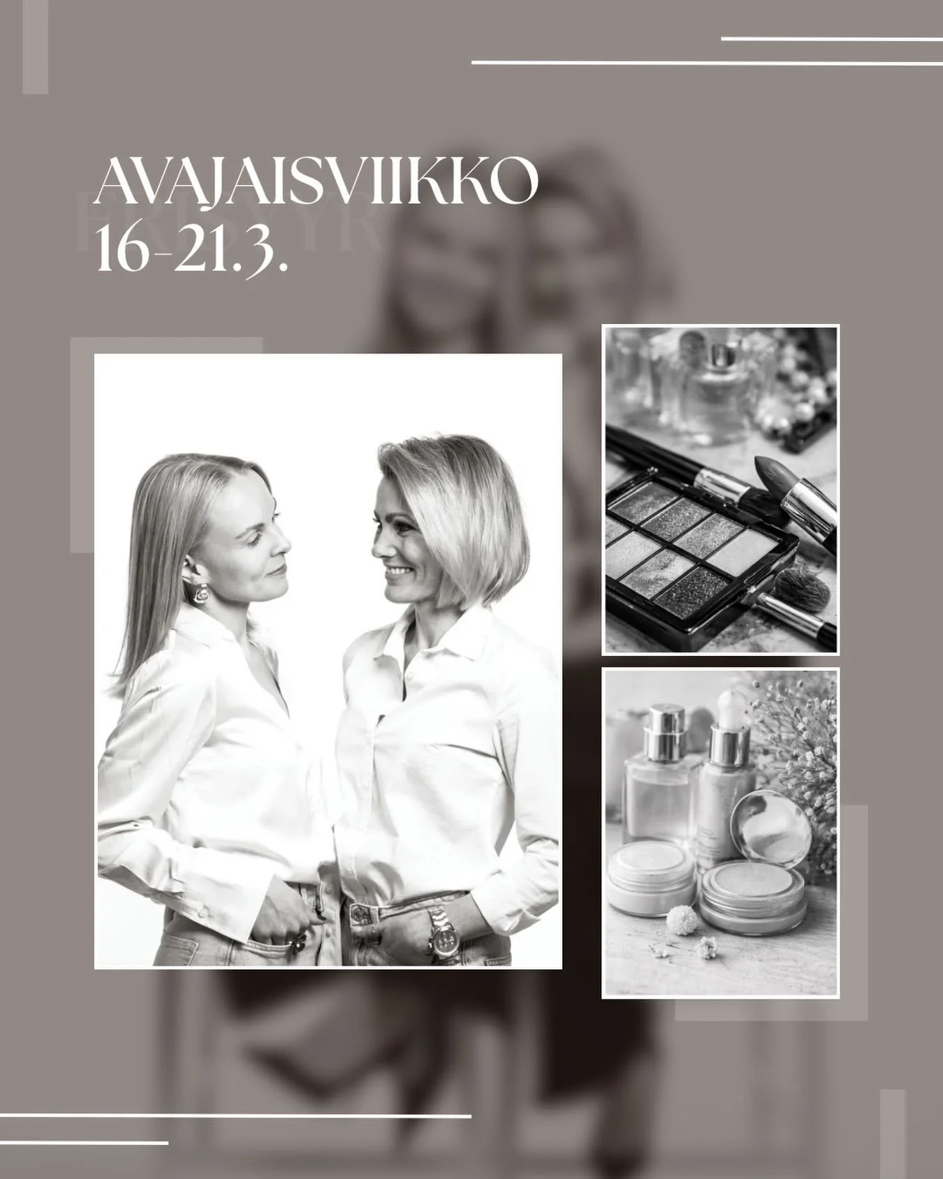 ✨✨AJANVARAUS ON NYT AUKI✨✨

Varaa aikasi avajaisviikolle ja saat:

🎁Upean tuotepaketin lahjaksi
🤎Kulmien muotoilun ja v&auml;rj&auml;yksen veloituksetta
🛍️Lis&auml;ksi liike t&auml;ynn&auml; huikeita tarjouksia

Nyt kannattaa olla nopea - parhaat 