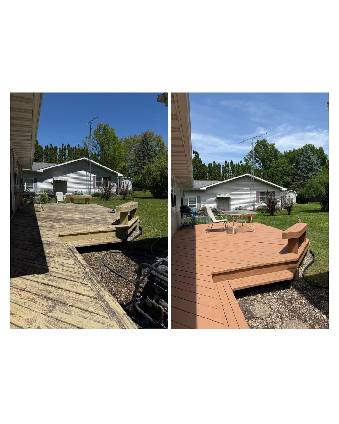Two side-by-side photos of a backyard deck; the left shows the old, weathered wooden deck, and the right shows the new, stained, and refinished deck with outdoor furniture.