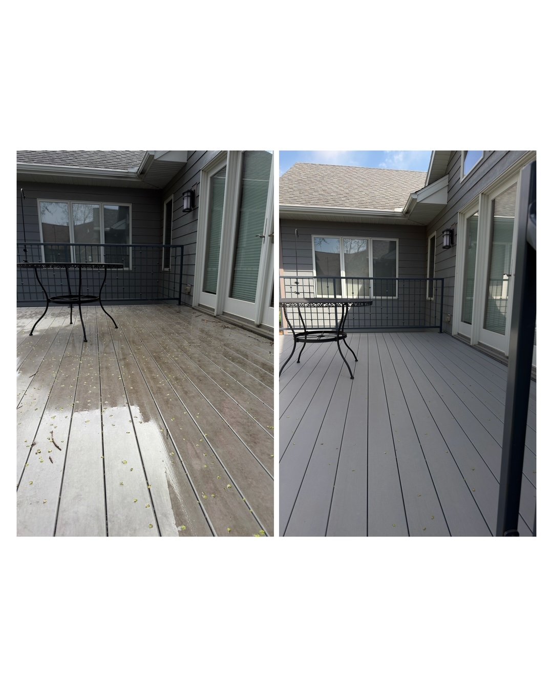 Comparison of a weathered, dirty outdoor deck before and after cleaning, showing the removal of dirt, grime, and debris to reveal a cleaner, newer-looking surface.