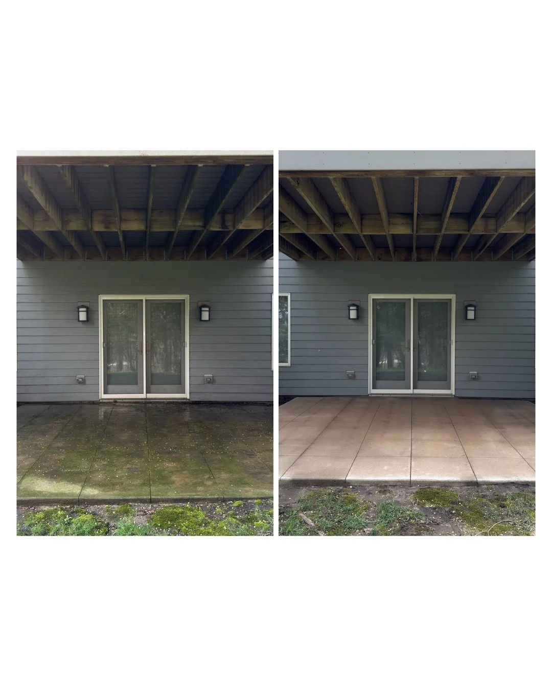Side-by-side comparison of a house patio before and after cleaning and renovation, showing a stained and mossy concrete surface on the left and a clean, newly tiled surface on the right.