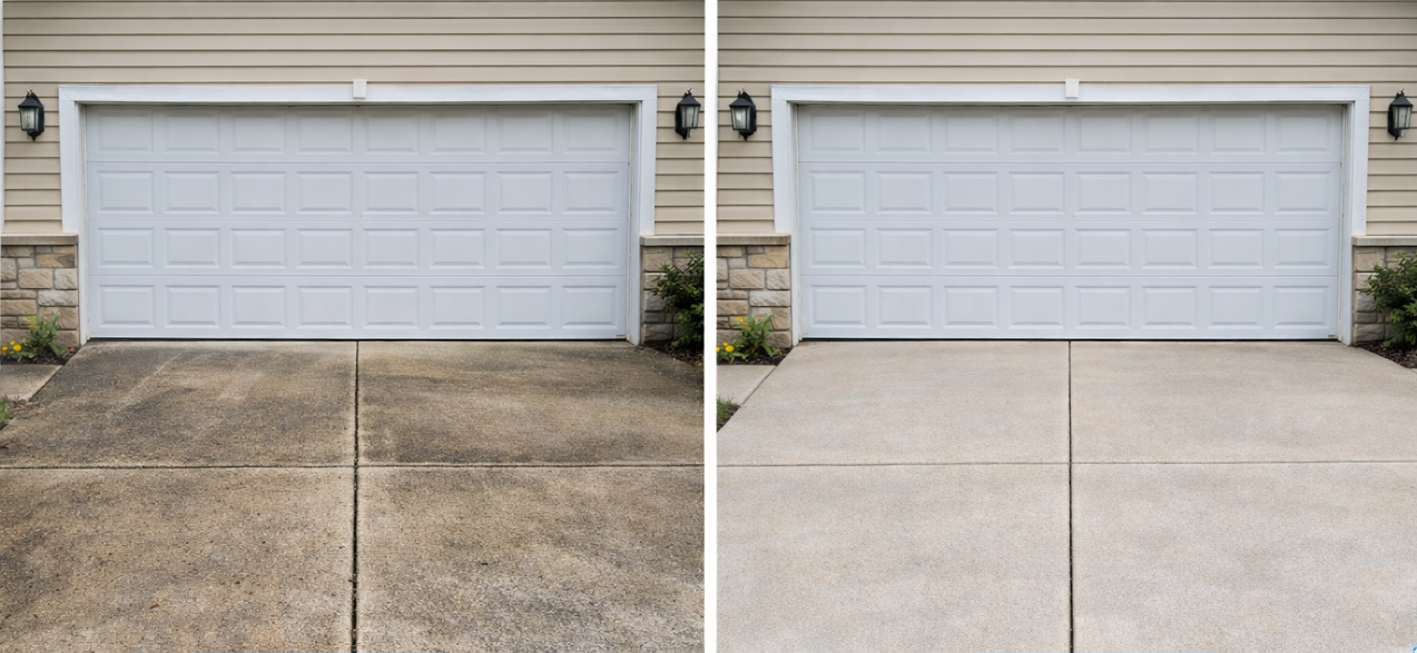 Side-by-side comparison of a concrete driveway before and after cleaning, with a white garage door, beige house siding, and small garden beds with plants and yellow flowers.