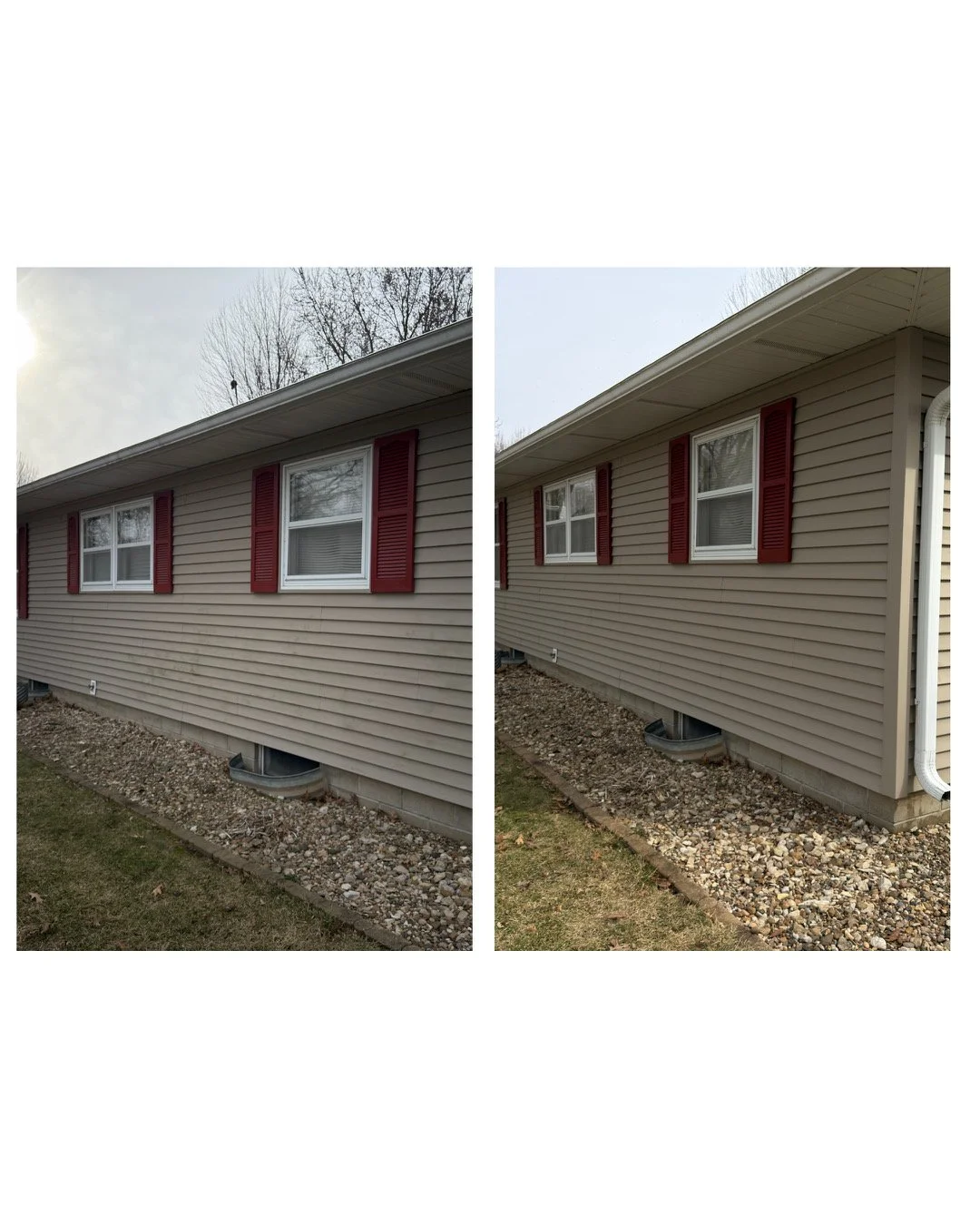 Comparison of the house exterior before and after renovation, showing beige vinyl siding with red shutters, windows, and a gravel strip along the foundation.