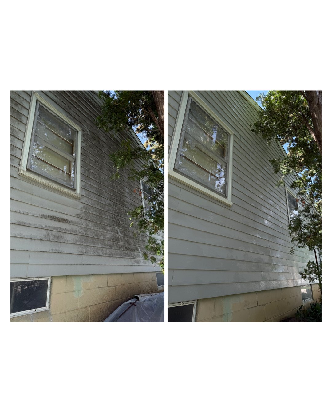 Side-by-side comparison of a house exterior before and after cleaning, showing a cleaned, lighter-colored siding on the right and a stained, darker siding on the left.