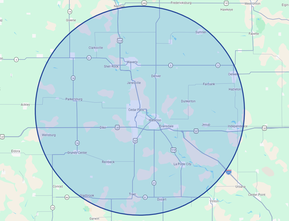 Map of central Iowa with a blue circle overlaying cities including Des Moines, Ames, Boone, Marshalltown, and Carlisle.