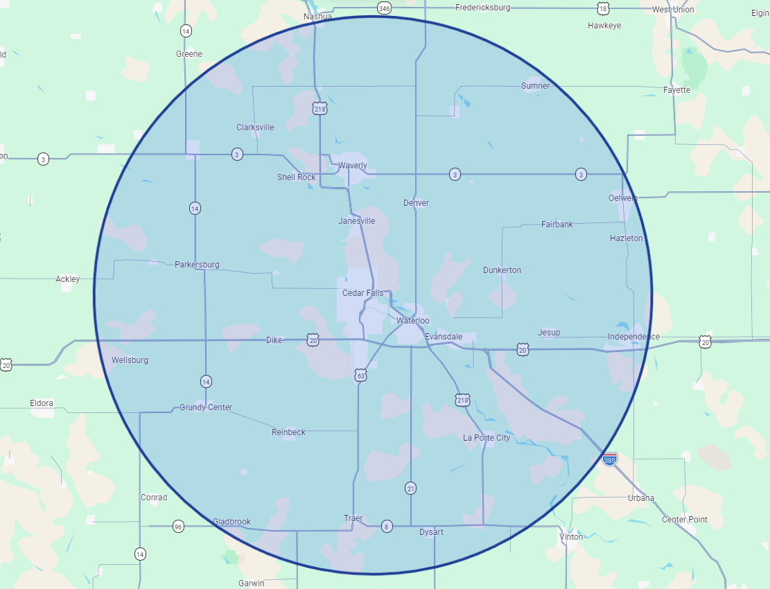 Map of Cedar Rapids, Iowa, with a shaded circular area covering the city and nearby towns.