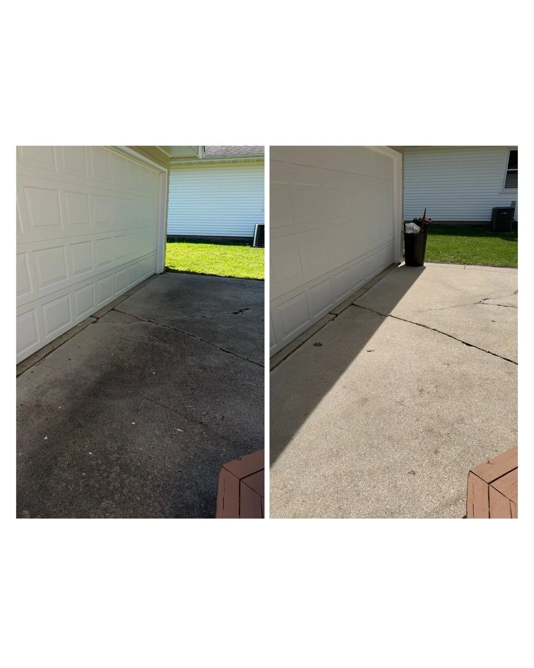 Side-by-side comparison of a garage floor before and after cleaning and sealing, showing a transition from stained and dirty to clean and bright concrete.