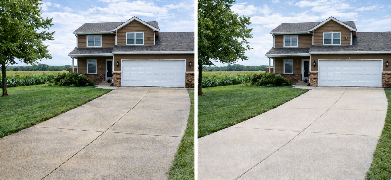 Side-by-side comparison of a house's driveway and yard before and after power washing. The left shows the dirty driveway, and the right shows the clean, bright driveway.