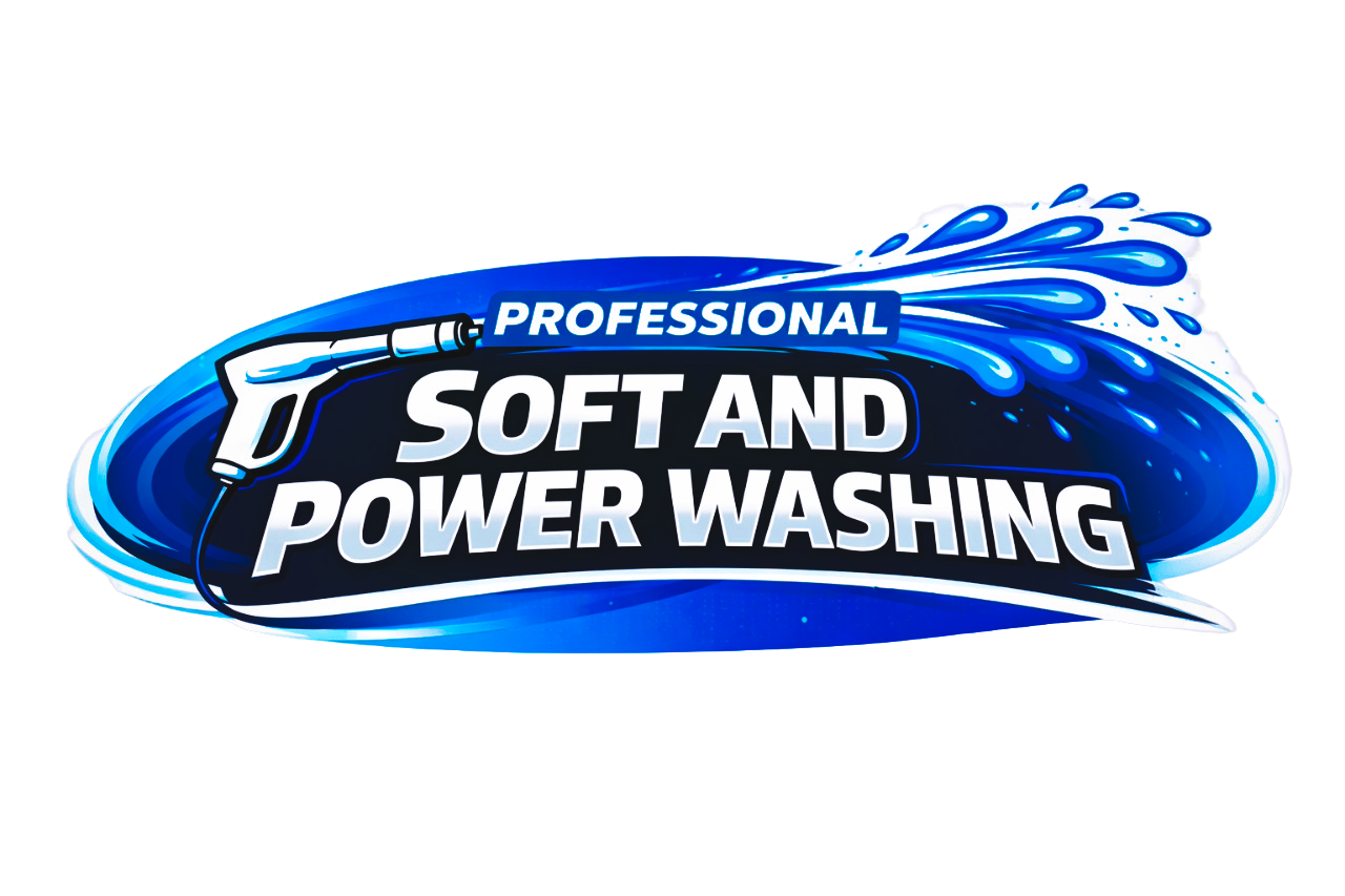 Graphic logo with a water hose spraying water, featuring text that reads 'Professional Soft and Power Washing' in bold white letters.