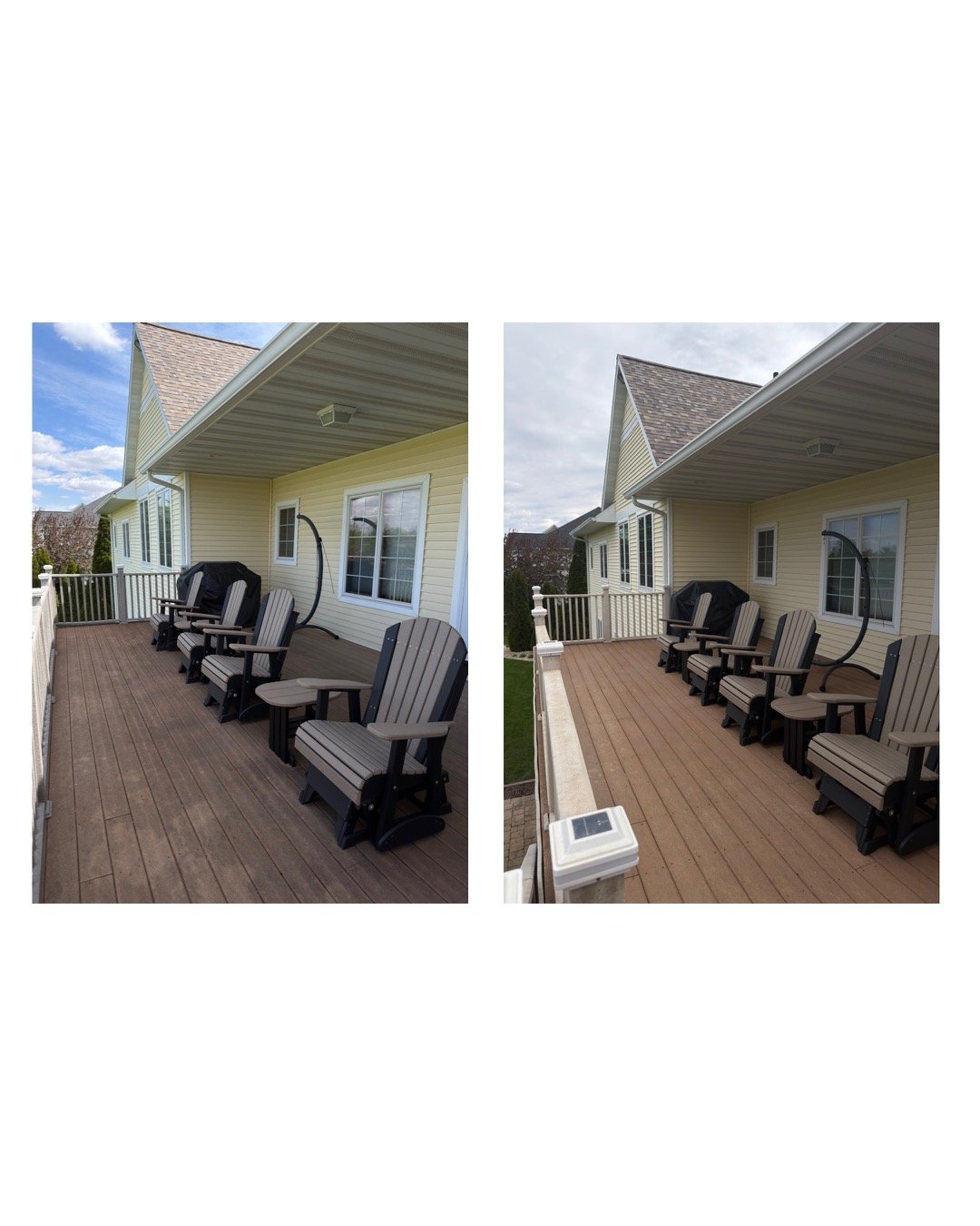 Side-by-side comparison of a wooden deck attached to a yellow house with outdoor chairs and a grill, with slight differences in lighting and angle.